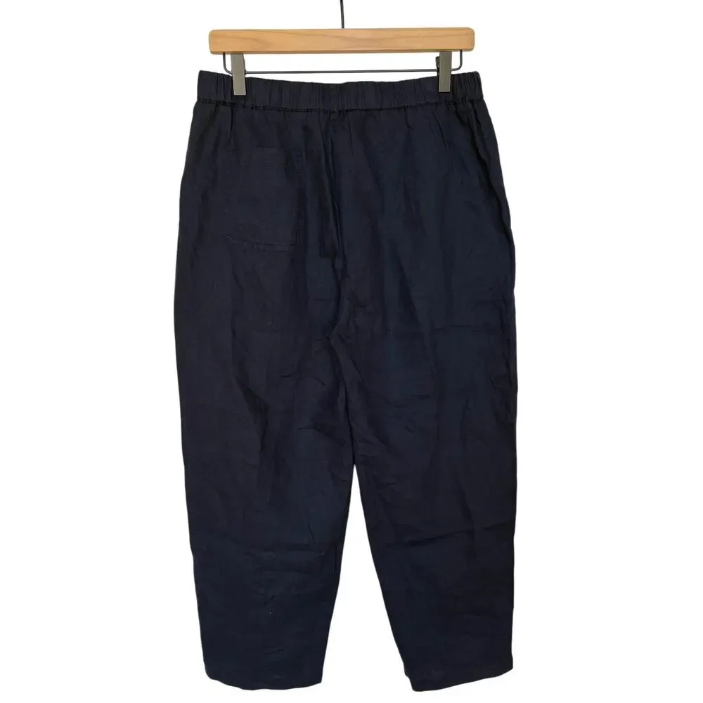 Quince Navy Blue Cropped Linen Pull On Pants Euro Summer Coastal Classic size M